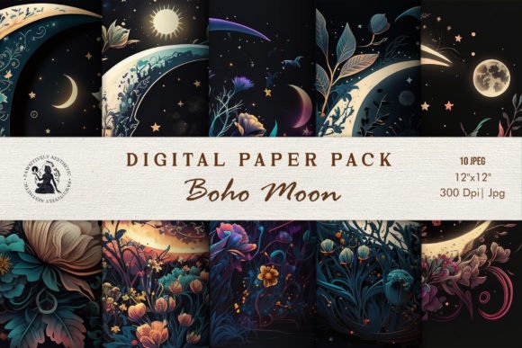 Download Boho Moon Digital Paper Pack - Boho moon Collection