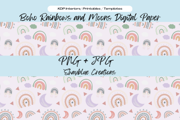 Download Boho Moons and Rainbows Digital Paper - Boho moon Collection